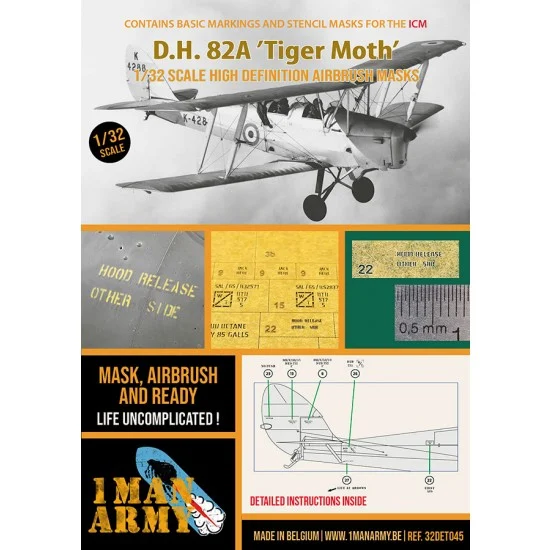 1 Man Army 32DET045 1/32 De Havilland DH. 82 'Tiger Moth' Markings and Stencil Masks for ICM kits - Model Planes