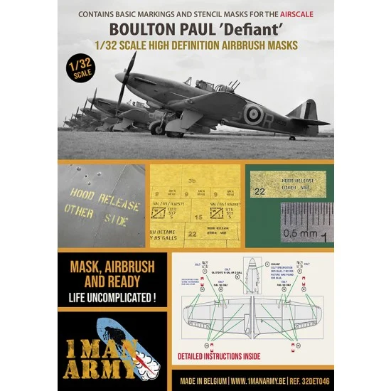 1 Man Army 32DET046 1/32 Boulton Paul Defiant Basic Markings and Stencil Masks for Airscale kit - Model Planes
