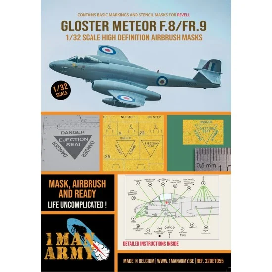 1 Man Army 32DET055 1/32 Gloster Meteor F8/FR9 Basic Markings and Stencil Masks for Revell kits - Model Planes