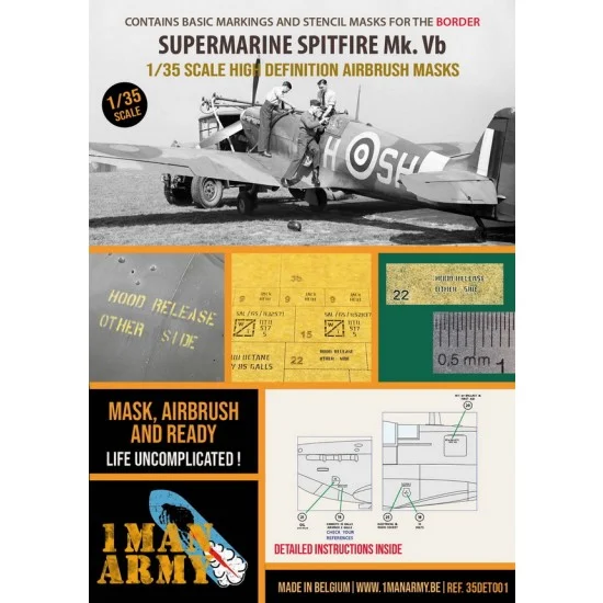 1 Man Army 35DET001 1/35 Spitfire Mk Vb Basic Markings and Stencil Paint Masks for Border Models - Model Planes