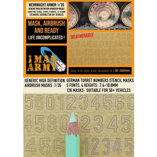 1 Man Army 35GEN444 1/35 German Turret Numbers Stencil 5 Fonts Masking - Military Vehicles & Tanks