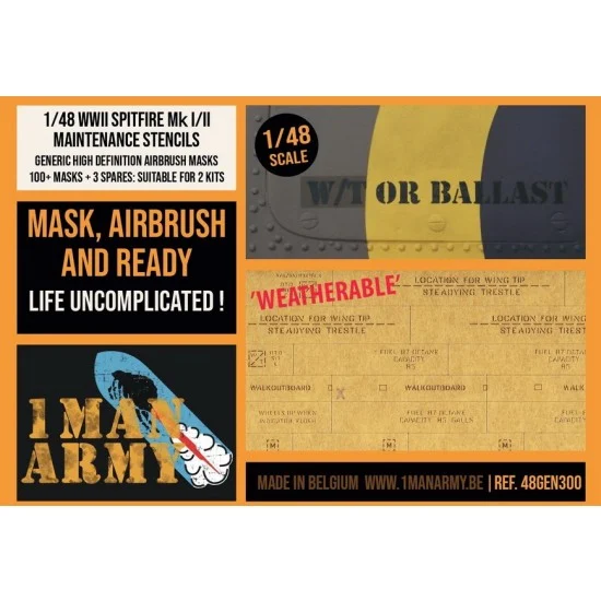 1 Man Army 48GEN300 1/48 Spitfire Mk I/II Generic Data Stencils Masks Set for 2 kits - Model Planes