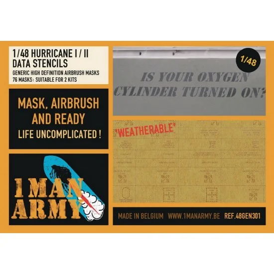 1 Man Army 48GEN301 1/48 Hurricane Data Stencils Generic High Definition Airbrush Masks for 2 kits - Model Planes