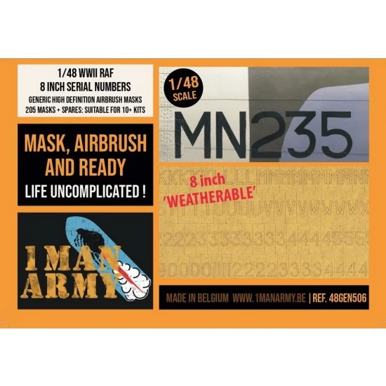 1 Man Army 48GEN506 1/48 RAF 8 Inch Serial Numbers Generic Airbrush Masks Set for over 10 kits - Model Planes