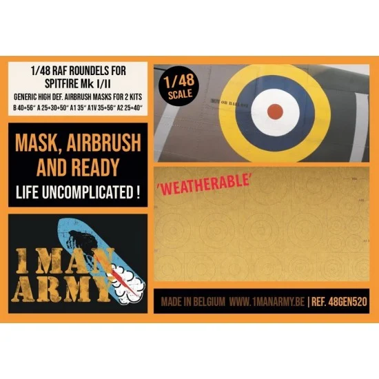 1 Man Army 48GEN520 1/48 RAF Spitfire Mk I/II Roundels Generic Airbrush Masks Set for over 20 kits - Model Planes