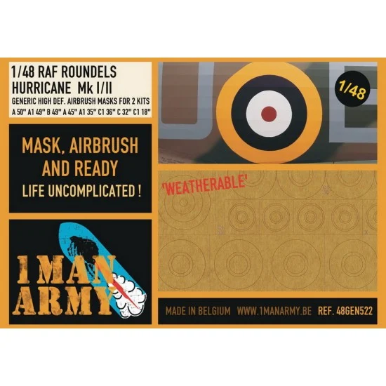 1 Man Army 48GEN522 1/48 RAF Roundels Hurricane Mk I/II Generic High Def. Airbrush Masks for 2 kits - Model Planes