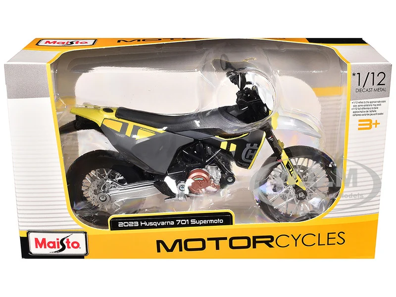 2023 Husqvarna 701 Supermoto Motorcycle Matt Black and Gray with Yellow and White Accents 1/12 Diecast Motorcycle Model by Maisto - Other