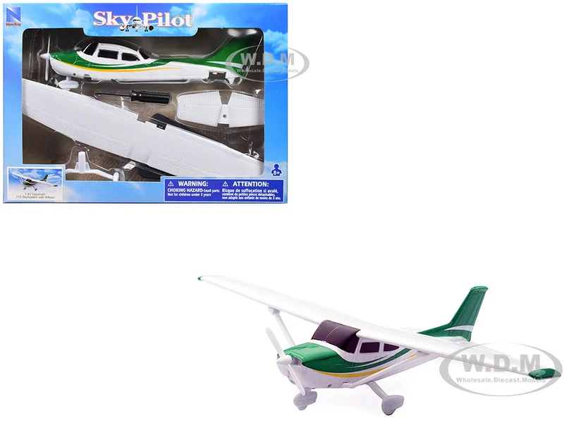 Model Kit Cessna 172 Skyhawk Aircraft White with Green and Yellow Stripes "Sky Pilot" Series 1/42 Plastic Model Kit by New Ray - Model Kits (To Built)