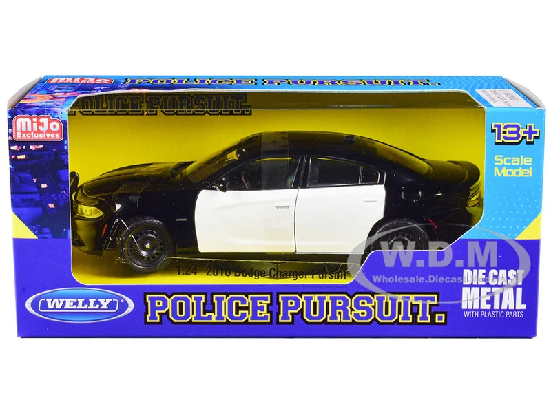 2016 Dodge Charger Pursuit Police Interceptor Black and White Unmarked "Police Pursuit" Series 1/24 Diecast Model Car by Welly - Dodge Models