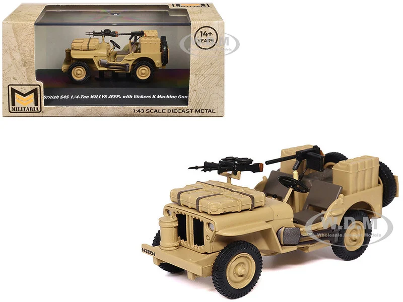 British SAS 1/4-Ton Willys Jeep with Vickers K Machine Gun Desert Sand "British Royal Army" 1/43 Diecast Model by Militaria Die Cast