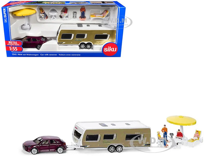 Porsche Macan Turbo Maroon Metallic and Dethleffs Exclusiv Emotion Caravan with Figures and Camp Accessories Set 1/55 Diecast Model by Siku - Porsche Models