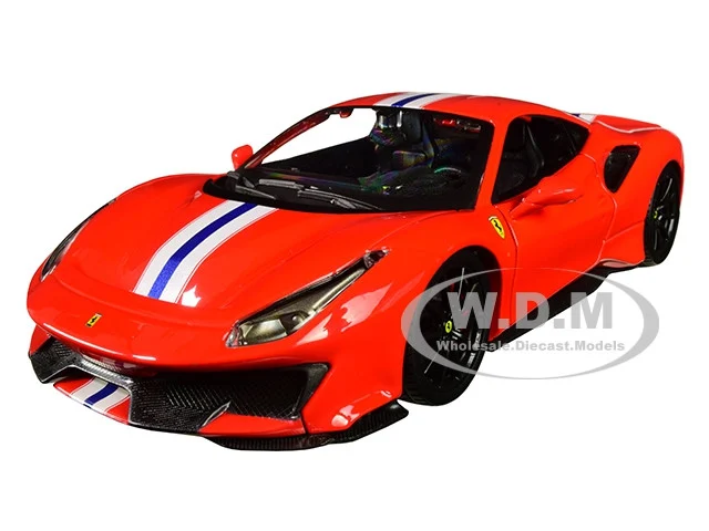 Ferrari 488 Pista Red with White and Blue Stripes 1/24 Diecast Model Car by Bburago - Ferrari Models