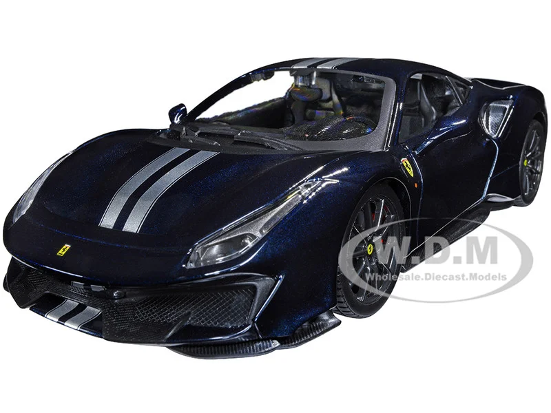 Ferrari 488 Pista Dark Blue Metallic with Silver Stripes 1/24 Diecast Model Car by Bburago - Ferrari Models