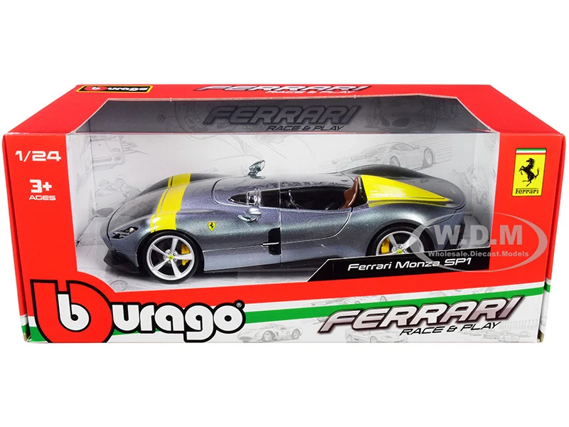 Ferrari Monza SP1 Silver Metallic with Yellow Stripes 1/24 Diecast Model Car by Bburago - Ferrari Models