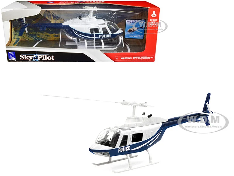 Bell 206 Helicopter Dark Blue and White "Police" "Sky Pilot" Series 1/34 Diecast Model by New Ray - Police Models