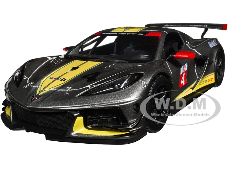 2020 Chevrolet Corvette C8.R #4 Silver Metallic with Yellow Stripes "Race" Series 1/24 Diecast Model Car by Bburago - Chevrolet Models