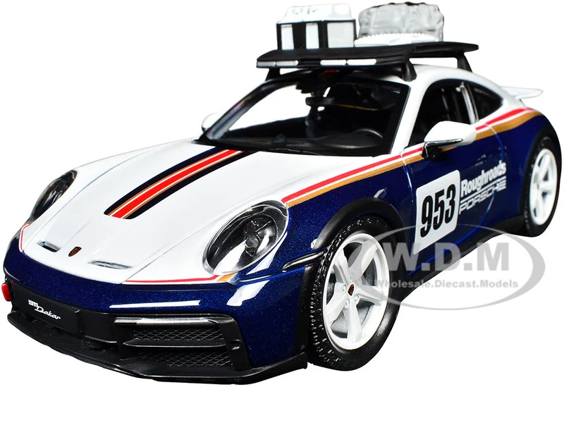 Porsche 911 Dakar #953 "Roughroads Porsche" Blue and White with Stripes and Roof Rack "Race" Series 1/24 Diecast Model Car by Bburago - Porsche Models