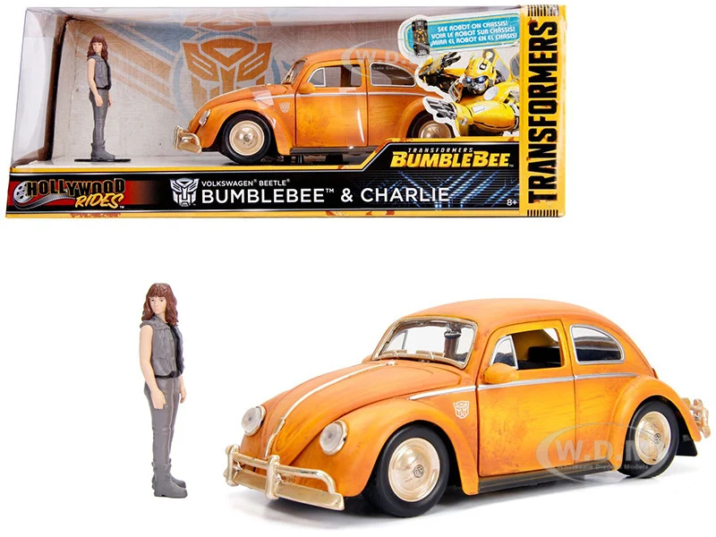 Volkswagen Beetle Weathered Yellow with Robot on Chassis and Charlie Diecast Figurine "Bumblebee" (2018) Movie ("Transformers" Series) "Hollywood Rides" Series 1/24 Diecast Model Car by Jada - Volkswagen Models