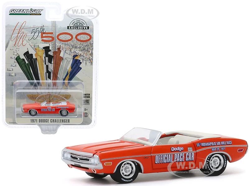 1971 Dodge Challenger Convertible Official Pace Car Orange "55th Indianapolis 500 Mile Race" "Hobby Exclusive" 1/64 Diecast Model Car by Greenlight - Dodge Models