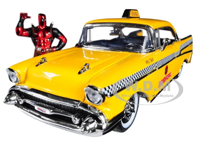 1957 Chevrolet Bel Air Taxi Yellow with Deadpool Diecast Figurine "Marvel" Series 1/24 Diecast Model Car by Jada - Chevrolet Models