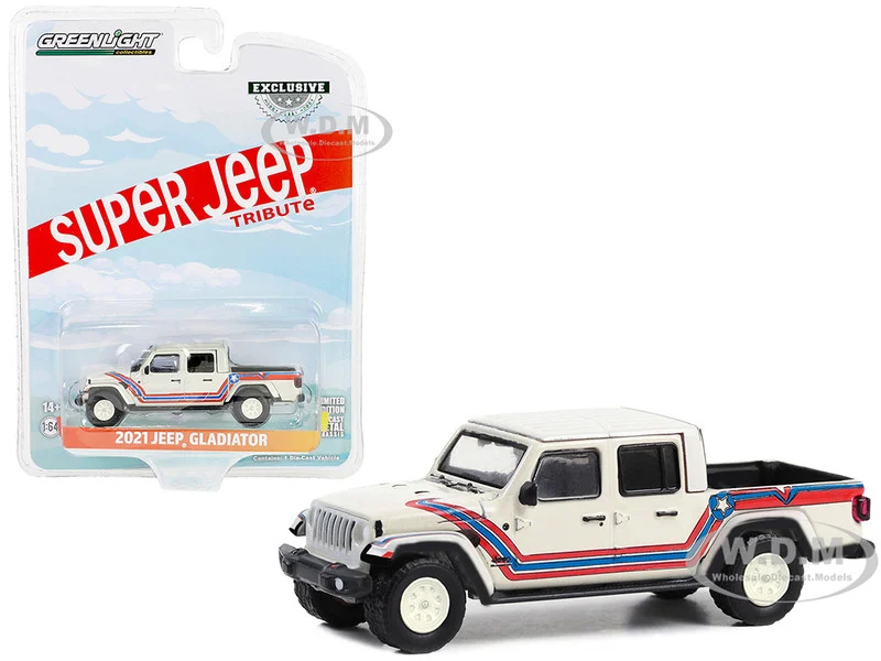 2021 Jeep Gladiator Pickup Truck "Super Jeep Tribute" White with Red and Blue Stripes "Hobby Exclusive" Series 1/64 Diecast Model Car by Greenlight - Jeep Models