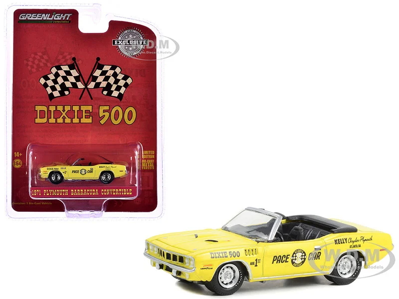 1971 Plymouth Barracuda Convertible "Dixie 500 Pace Car" Yellow "Hobby Exclusive" Series 1/64 Diecast Model Car by Greenlight - Plymouth Models