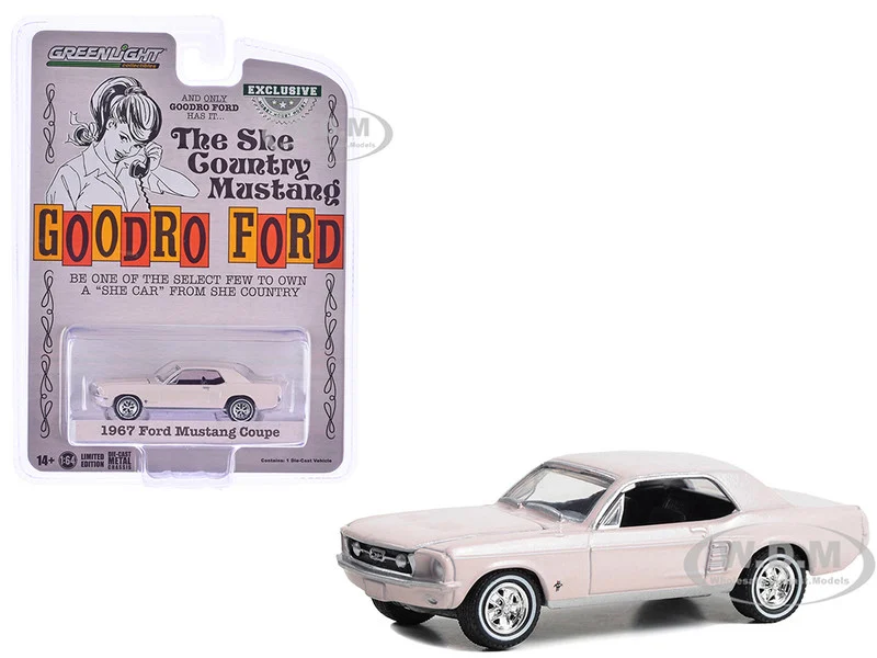 1967 Ford Mustang Coupe "She Country Special - Bill Goodro Ford, Denver, Colorado" Bermuda Sand "Hobby Exclusive" Series 1/64 Diecast Model Car by Greenlight