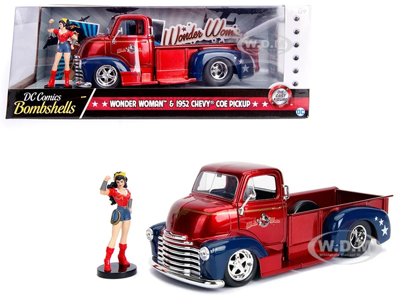 1952 Chevrolet COE Pickup Truck Candy Red and Blue with Wonder Woman Diecast Figure "DC Comics Bombshells" Series "Hollywood Rides" 1/24 Diecast Model Car by Jada - Chevrolet Models