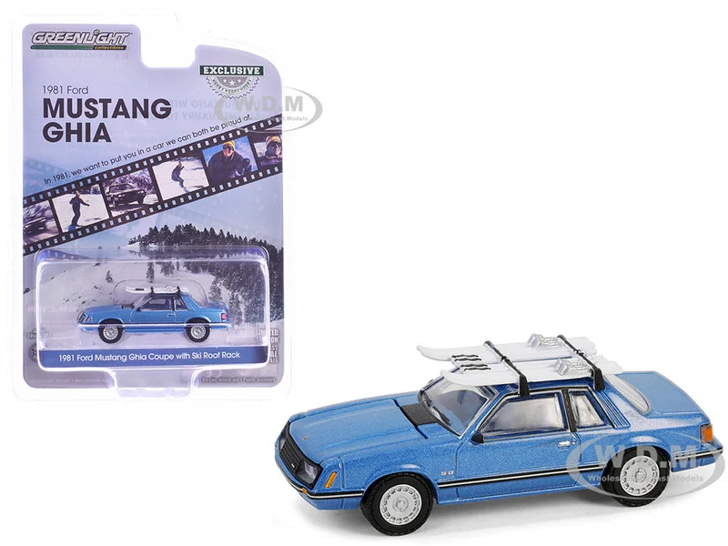 1981 Ford Mustang Ghia Coupe Blue Glow Metallic with Ski Roof Rack "Hobby Exclusive" Series 1/64 Diecast Model Car by Greenlight - Ford Models