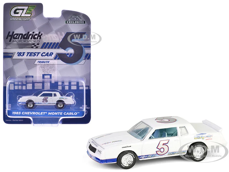 1983 Chevrolet Monte Carlo #5 "Hendrick Motorsports First Test Car Tribute" White with Blue Stripes and Interior "Hobby Exclusive" Series 1/64 Diecast Model Car by Greenlight - Chevrolet Models