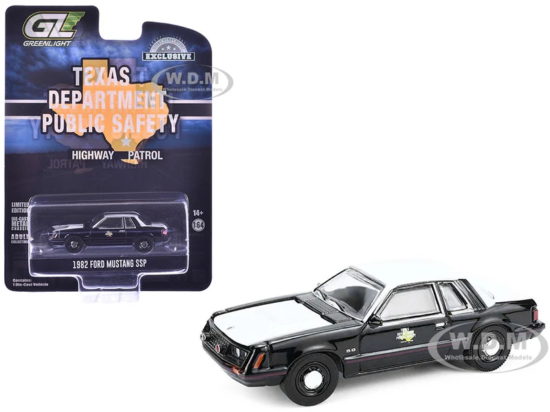 1982 Ford Mustang SSP "Texas Department of Public Safety Highway Patrol" Black with White Hood and Top "Hobby Exclusive" Series 1/64 Diecast Model Car by Greenlight - Ford Models