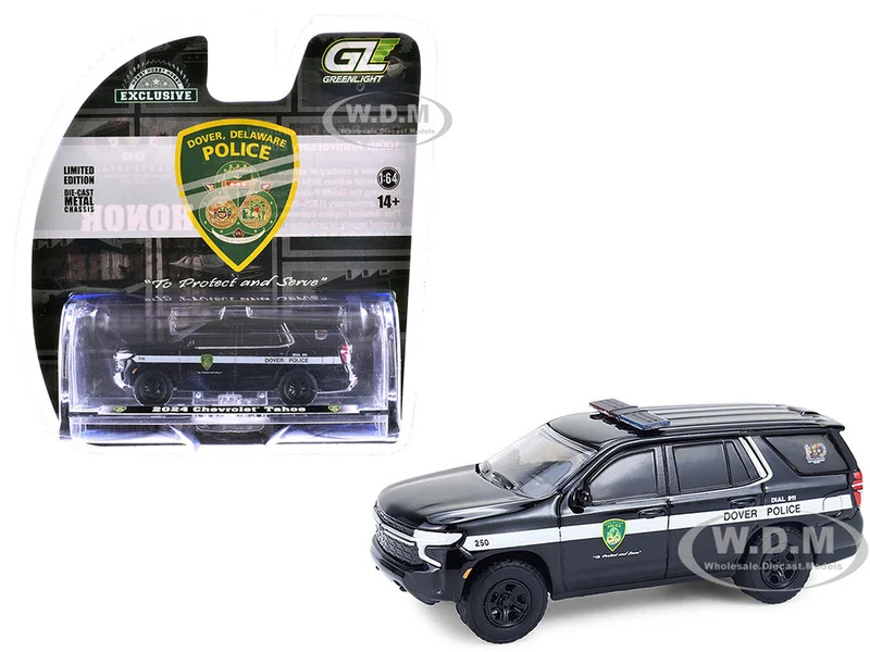 2024 Chevrolet Tahoe Police Pursuit Vehicle "Dover Police – 100th Anniversary Edition" Black with White Stripes "Hobby Exclusive" Series 1/64 Diecast Model Car by Greenlight - Chevrolet Models