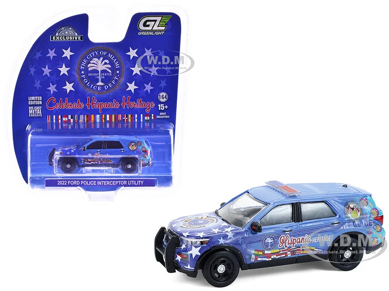 2022 Ford Police Interceptor Utility "Miami Police Department Hispanic Heritage Month" Blue with Graphics "Hobby Exclusive" Series 1/64 Diecast Model Car by Greenlight - Ford Models