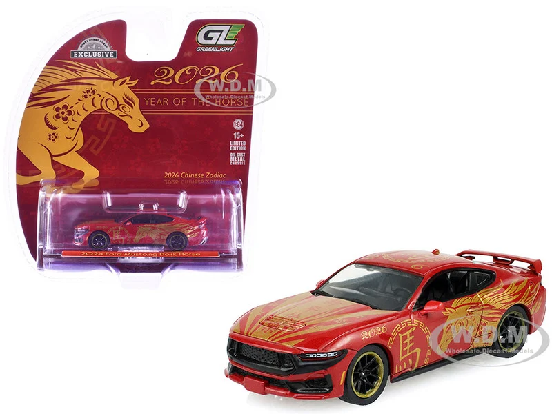 2024 Ford Mustang Dark Horse "Chinese Zodiac 2026 Year of the Horse" Red with Gold Graphics "Hobby Exclusive" Series 1/64 Diecast Model Car by Greenlight - Ford Models