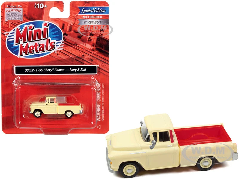 1955 Chevrolet Cameo Pickup Truck Ivory and Red 1/87 (HO) Scale Model Car by Classic Metal Works - Chevrolet Models