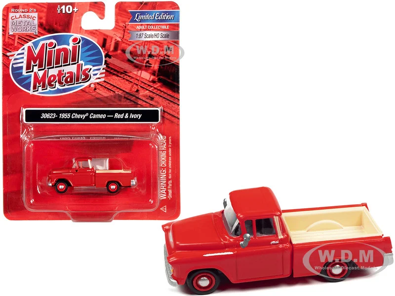 1955 Chevrolet Cameo Pickup Truck Red and Ivory 1/87 (HO) Scale Model Car by Classic Metal Works - Chevrolet Models