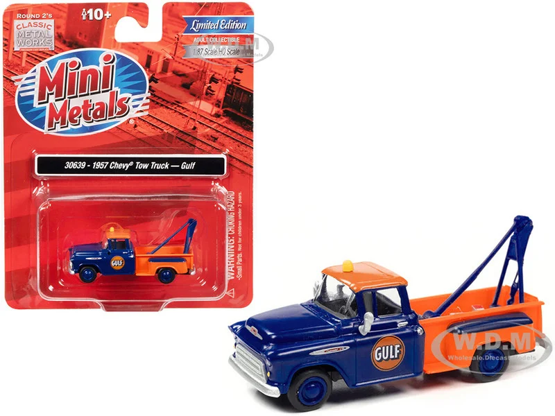1957 Chevrolet Stepside Tow Truck "Gulf" Blue and Orange 1/87 (HO) Scale Model Car by Classic Metal Works - Chevrolet Models