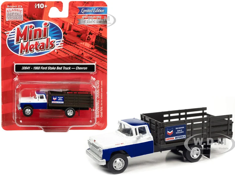 1960 Ford Stake Bed Truck "Chevron" Blue and White 1/87 (HO) Scale Model Car by Classic Metal Works - Ford Models