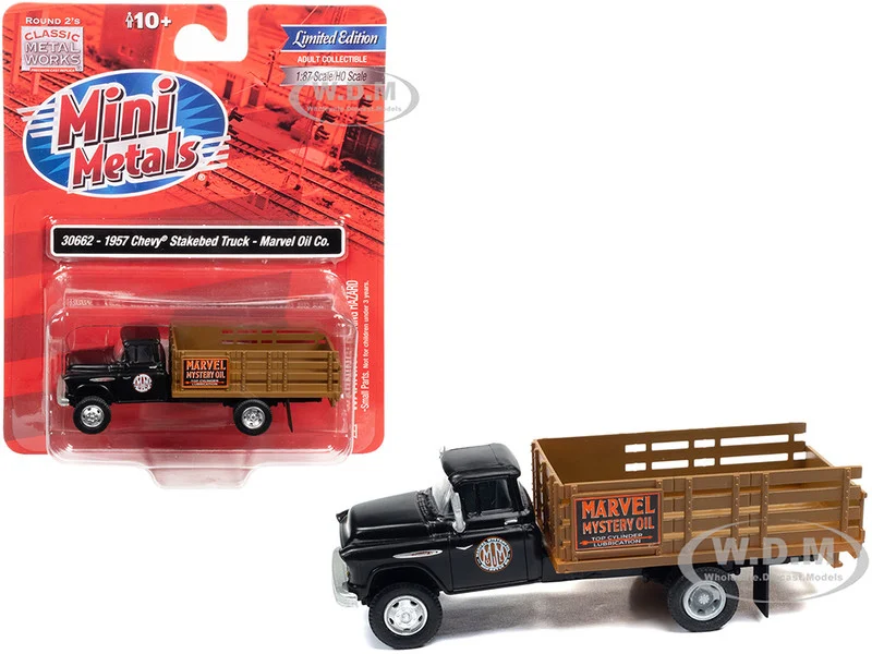 1957 Chevrolet Stakebed Truck Matt Black "Marvel Mystery Oil Co." 1/87 (HO) Scale Model Car by Classic Metal Works - Chevrolet Models