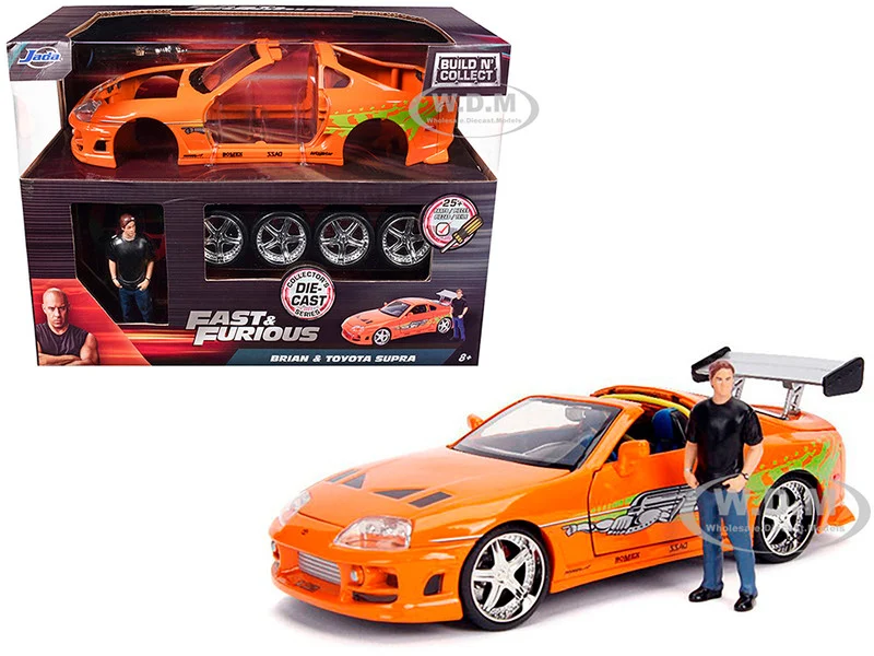 Model Kit Toyota Supra Metallic Orange with Brian Diecast Figure "Fast & Furious" Movie "Build N' Collect" 1/24 Diecast Model Car by Jada - Movie/TV Series Models