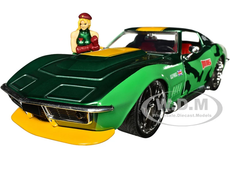 1969 Chevrolet Corvette Stingray ZL1 Green Metallic with Yellow Stripes and Cammy Diecast Figure "Street Fighter" Video Game "Anime Hollywood Rides" Series 1/24 Diecast Model Car by Jada - Chevrolet Models
