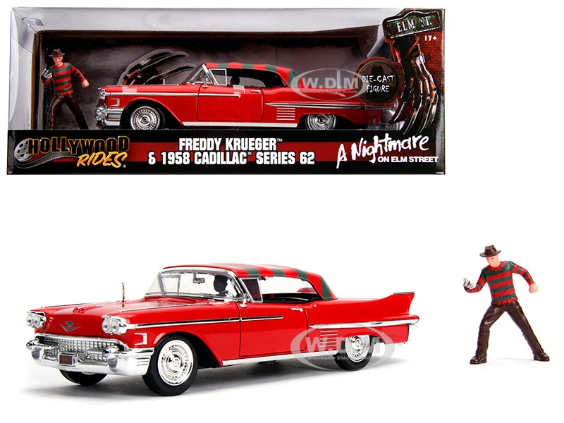 1958 Cadillac Series 62 Red with Freddy Krueger Diecast Figurine "A Nightmare on Elm Street" Movie 1/24 Diecast Model Car by Jada - Cadillac Models