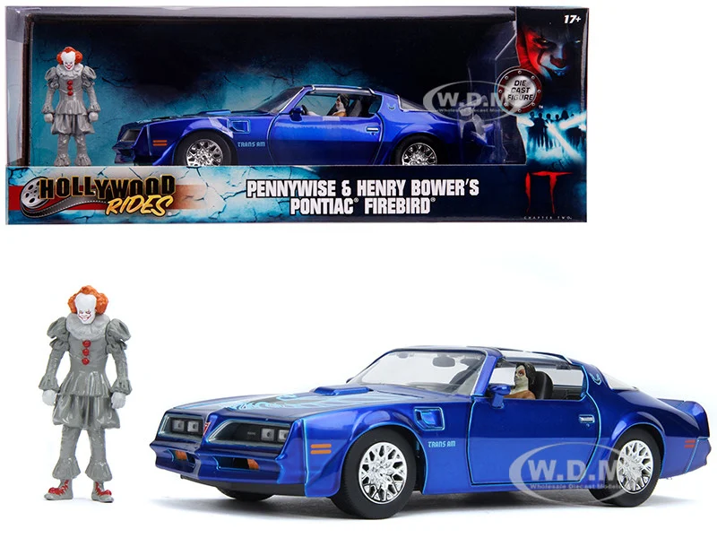Henry Bower's Pontiac Firebird Trans Am Candy Blue with Pennywise Diecast Figurine "It Chapter Two" (2019) Movie 1/24 Diecast Model Car by Jada - Pontiac Models