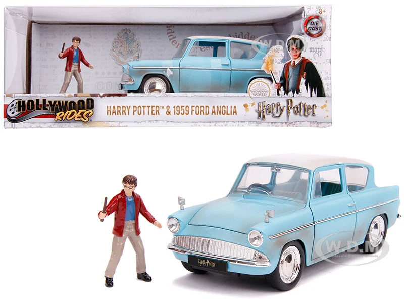 1959 Ford Anglia Light Blue (Weathered) with Harry Potter Diecast Figurine 1/24 Diecast Model Car by Jada - Ford Models