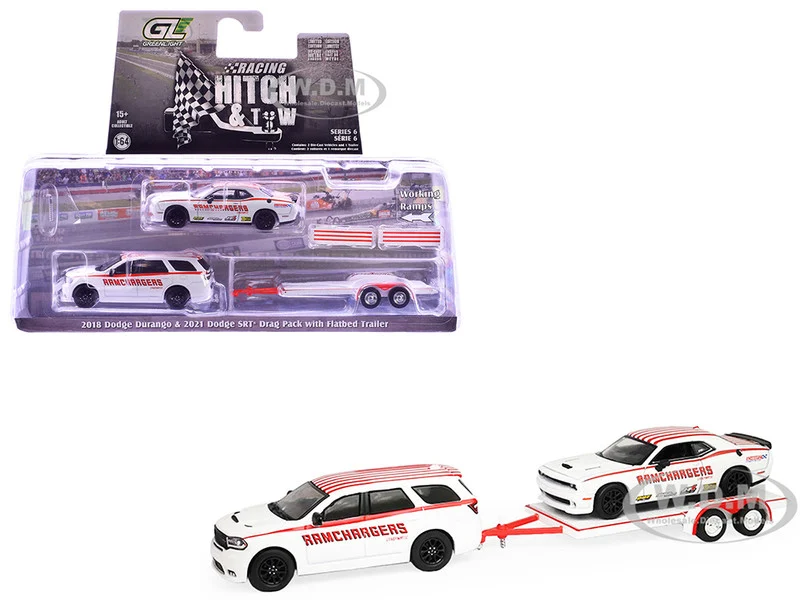 2018 Dodge Durango White with Red Stripes and 2021 Dodge Challenger SRT White with Red Stripes "Ramchargers" with Flatbed Trailer "Racing Hitch & Tow" Series 6 1/64 Diecast Model Cars by Greenlight - Dodge Models