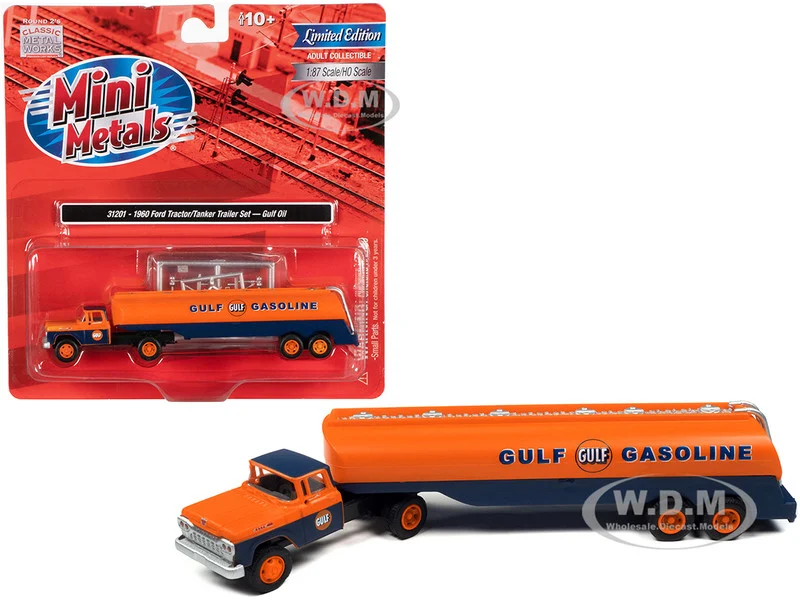 1960 Ford Tanker Truck Orange and Blue "Gulf Oil" 1/87 (HO) Scale Model by Classic Metal Works - Ford Models