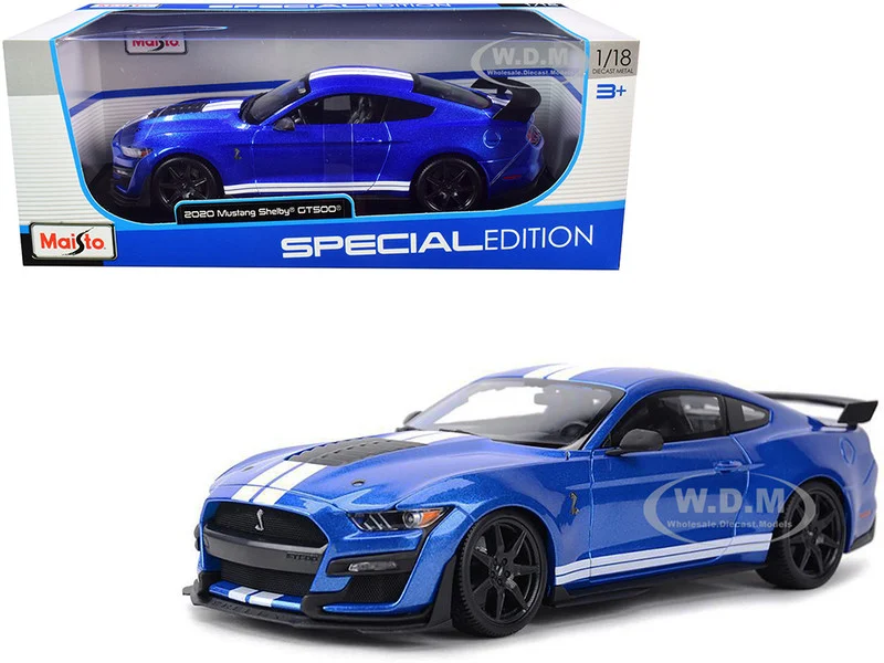 2020 Ford Mustang Shelby GT500 Blue Metallic with White Stripes "Special Edition" 1/18 Diecast Model Car by Maisto - Ford Models