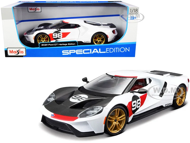 2021 Ford GT #98 White "Heritage Edition" 1/18 Diecast Model Car by Maisto - Ford Models