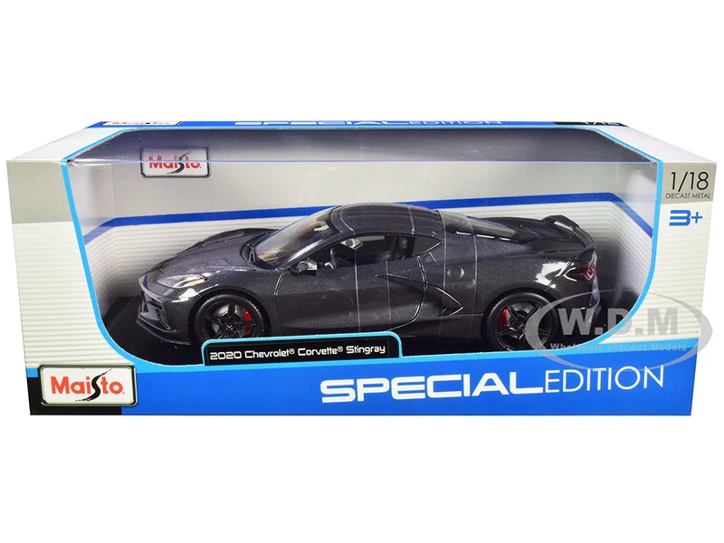 2020 Chevrolet Corvette Stingray C8 Dark Gray Metallic with Racing Stripes 1/18 Diecast Model Car by Maisto - Chevrolet Models