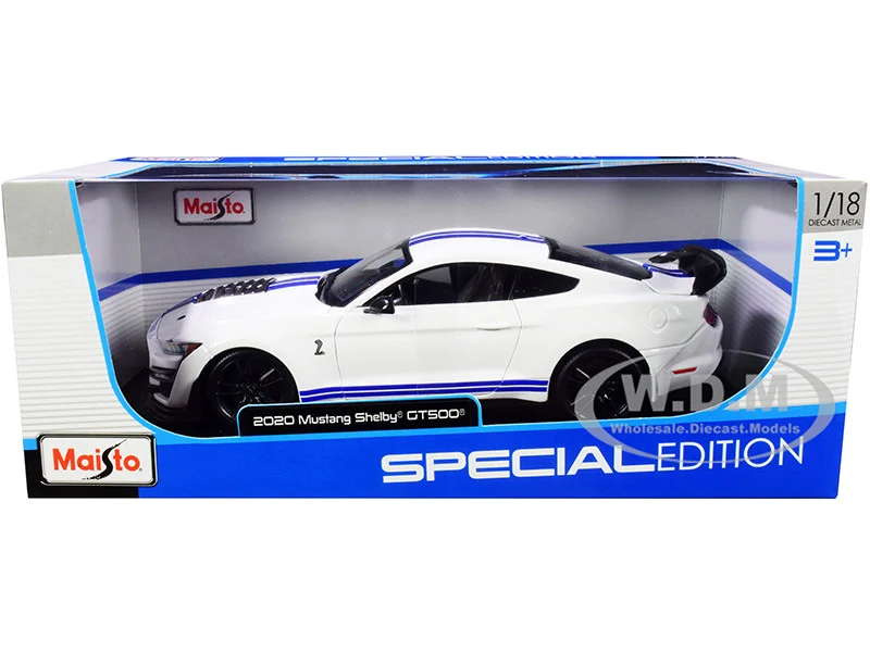 2020 Ford Mustang Shelby GT500 White with Blue Stripes "Special Edition" 1/18 Diecast Model Car by Maisto - Ford Models